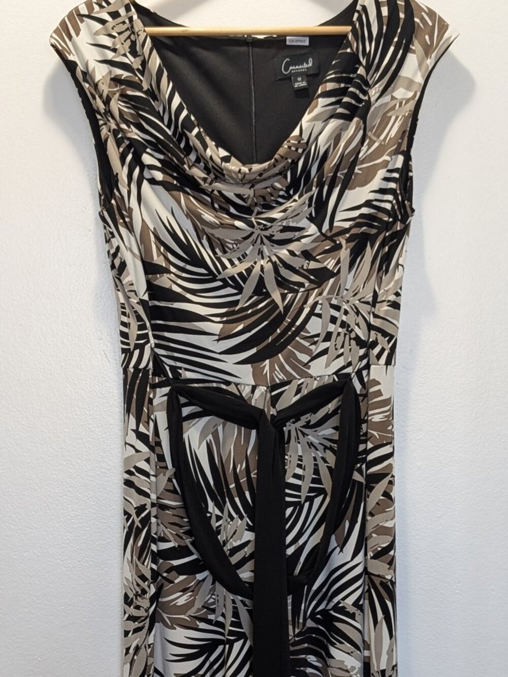 Connected Apparel  Women Jumpsuit Black, White and Tan Leaf Print